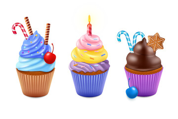 3d sweet dessert, cup cakes with different decor. Chocolate food, cute donuts and cupcakes, pink candy and cherry. Birthday muffin. Tasty bakery products, vector realistic illustration set