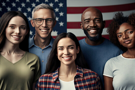 Portrait of a group of happy, smiling, confident people - Americans, US, United States, flag