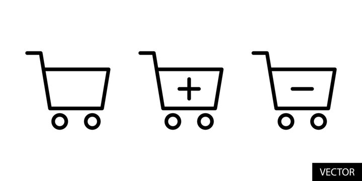 Cart, add to cart, remove from cart vector icons in line style design for website, app, UI, isolated on white background. Editable stroke. Vector illustration.