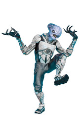 official alien on a sci-fi outfit walking in a white background