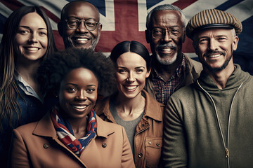 Portrait of a group of happy, smiling, confident people - British, flag, Britain, UK, United Kingdom - obrazy, fototapety, plakaty