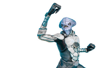 official alien on a sci-fi outfit doing a fighter pose in a white background