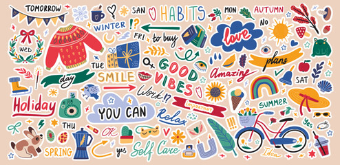 Diary, planner stickers, cute scrapbook isolated elements. Daily notes with bicycle, sun and botanical elements. Doodle style girl typography agenda and notebook. Vector cartoon illustration set