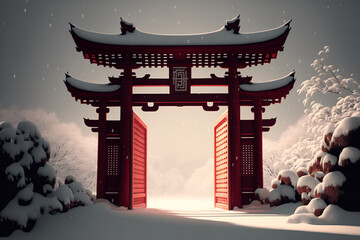 Crimson Backdrop of an Isolated Asian Temple with Open Snowy Red Gate and Inside Light: Generative AI