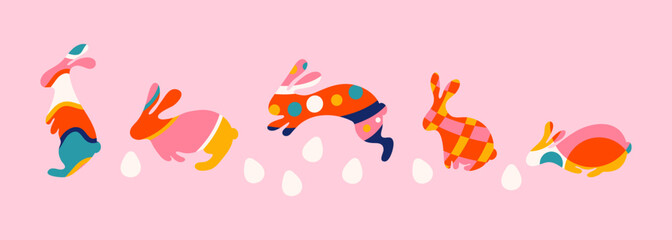 Set of Easter bunny rabbits silhouettes vector illustration. Standing, running, sitting and jumping rabbits decorated with geometric patterns. Poster, banner, greeting card