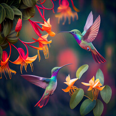 Plakat Hummingbirds hover near flowers in jungles, created with Generative AI technology.