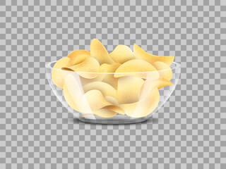 Chips bowl, 3d potato snack. Harmful junk salty food in glass meal dish isolated on transparent background, nutrition taste. Spice, fat and fried vegetable slices. Vector realistic illustration