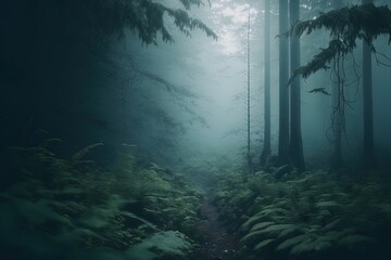 Fototapeta na wymiar A dreamy and misty forest scene with a peaceful and serene atmosphere, perfect for a nature hike or a tranquil escape generative ai