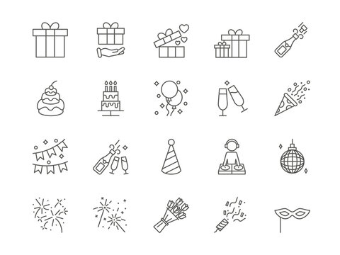 Birthday party. Happy event icons. Line ball and present box. Festival cake. Confetti cracker. DJ and champagne glass. Bottle of drink. Firework symbols. Vector outline pictograms set