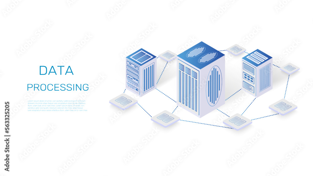 Fototapete Cloud data server. Hosting website. Isometric datacenter. Information warehouse infrastructure. Blockchain technology. Computing system. Database connection. Vector illustration landing