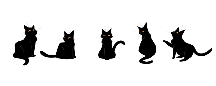 Black cats. Cute kitties in different poses. Domestic animals silhouette set. Feline breed, isolated pets various positions. Standing funny pussycat with yellow eyes. Vector illustration