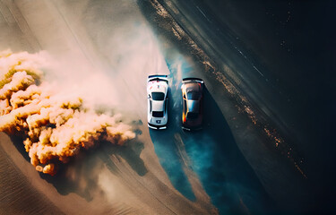 Two car drifting battle on asphalt street rad race track, Race car drift performance view from above, Generative AI. - obrazy, fototapety, plakaty