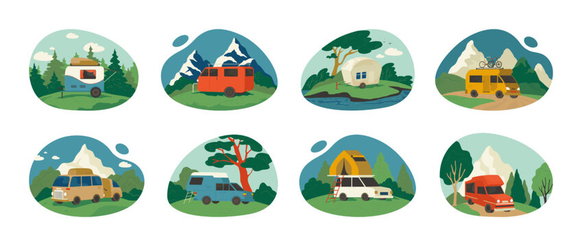 Caravan camp. Home car. RV truck. Adventure in camper van. Retro travel vehicle. Holiday lifestyle. Nature vacation. Campsite transport. Mobile trailers set. Vector doodle illustrations