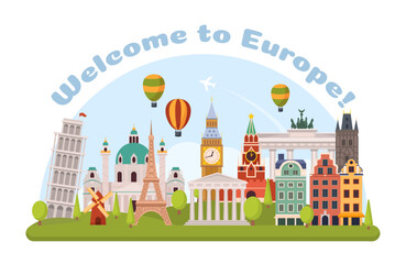World travel. Welcome to Europe. Eiffel tower or Big Ban. Architecture landmarks. Map with famous monuments. Destination place. Historic heritage. Tourism tour background. Vector concept