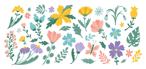 Cute abstract flowers, tulip blossom. Scandinavian botanical paint, bouquet with foliage, chamomile motif. Childish floral decor. Doodle style decorative collection. Vector illustration set © SpicyTruffel