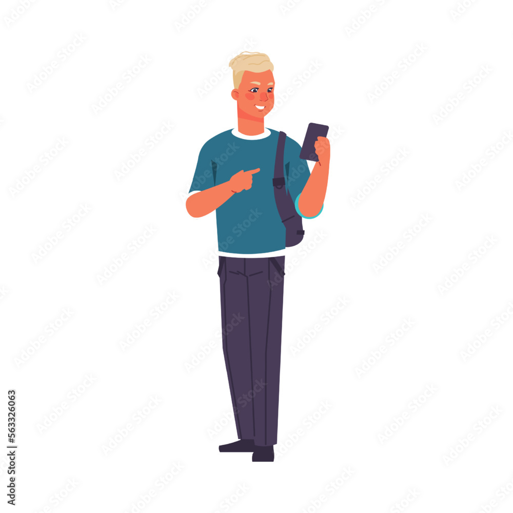 Poster Man hold smartphone. People using phone collection. Internet communication. Web messenger. Young modern character. Network conversation. Online discussion. Vector boy chatting illustration