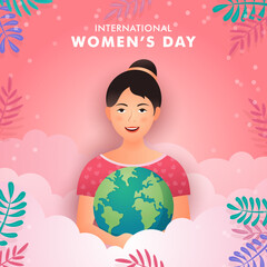 International Women's Day background with cute girl holding globe on the cloud illustration