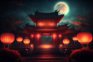 Illuminated Chinese Buddhist Temple at Night for the Mid-Autumn Festival: Generative AI