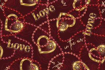 Valentines day seamless pattern with golden heart, string of beads, text Love in the air, outline roses on dark background. For wedding, engagement event, Valentines Day, gift decoration.
