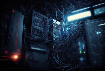 Network, IT,  fantasy hi-tech servers in the future. Sci-fi server technologie. Generative art.