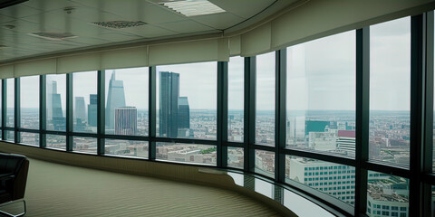 Executive corner office in a high rise, showing view of the city below. 