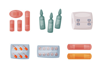 Medical Care and Treatment with Plaster, Pills in Blister Pack and Ampoule Vector Set