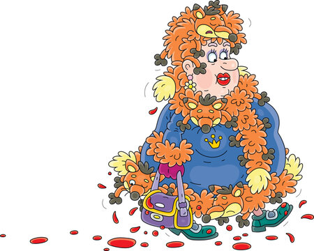 recommend clip art: Foolish plump fashionable woman walking in a fur coat made of killed small furry cute animals with blood dripping from them, vector cartoon illustration isolated on a white background