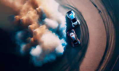 Two car drifting battle on asphalt street rad race track, Race car drift performance view from above, Generative AI. - obrazy, fototapety, plakaty