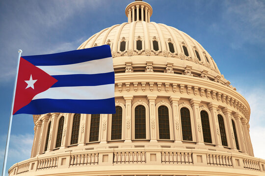 Beautiful flag of Cuba waving with the strong wind and behind it the dome of the Capitol USA 3D RENDER, 3D RENDERING..