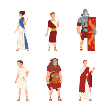 Ancient Roman People Characters with Soldier and Noble Citizens in Long Tunic Vector Set