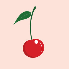 Single cherry with a leaf, isolated vector illustration.