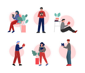 People Characters Reading Book Sitting and Standing Vector Set