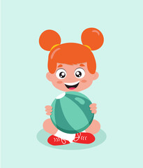 A child with a ball in his hands. Happy smiling girl holding a ball in her hands. The child sits with the ball in his hands. Vector illustration.