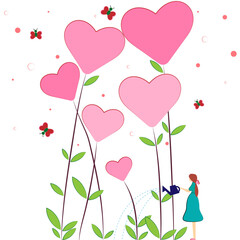 Obraz na płótnie Canvas Valentine's Day card, a girl watering flowers from a watering can, flowers from hearts, butterflies fly around the flower, happy valentines day, wedding invitation