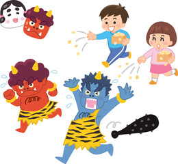 節分の豆まき　豆を撒く子供　逃げる鬼