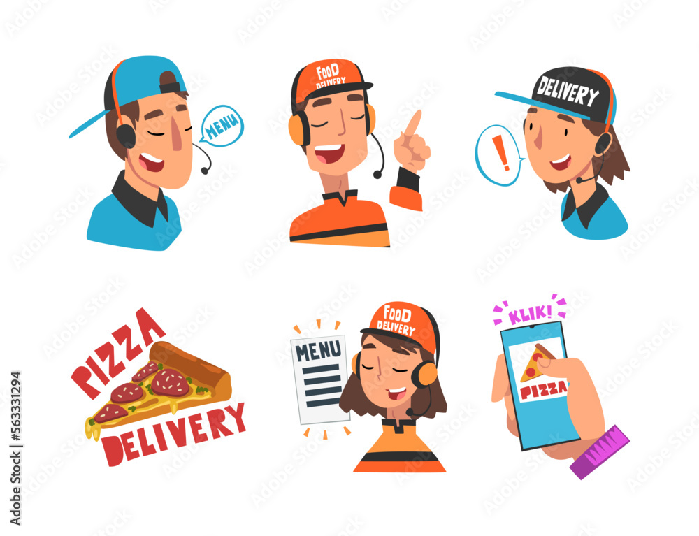 Poster delivery service of takeaway food with operator taking orders and smartphone app vector set.