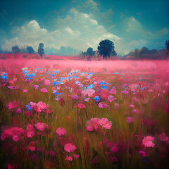 Pink Blue Flower Meadow Field Spring Summer Countryside Landscape Green Grass Generative AI Tools Technology illustration	