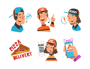 Delivery Service of Takeaway Food with Operator Taking Orders and Smartphone App Vector Set.