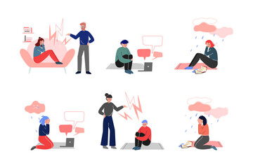 Teenagers Suffering from Psychological Problems Like Anxiety and Depression Vector Set