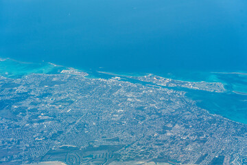 Aerial city view of Nassau with the harbor area located on New Providence Island, Bahamas in the Atlantic Ocean