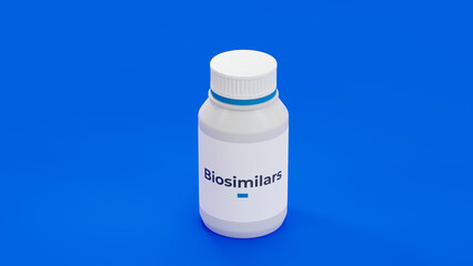 Biosimilar pharmaceutical drug bottle on blue background. A safe biological drug that work like biologic medicine. 3d illustration.
