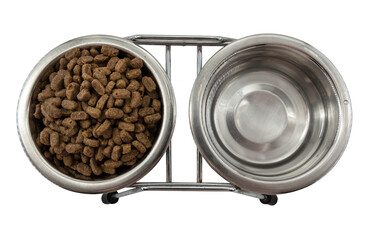 Dog food and water in a metal bowl top view on a white background. feed isolate