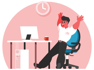 Angry businessman. Irritated office worker with raised hands. Manager screaming because of poor business performance. Vector graphics
