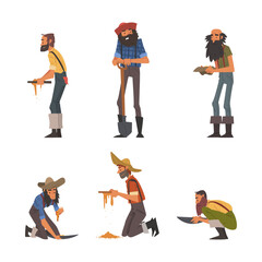 Bearded Male Prospector Characters with Shovel and Pan Vector Set