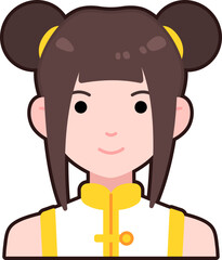 Chinese Clothing woman girl avatar User person bun hair Flat Black Outline