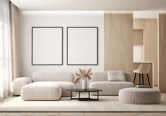 Mockup poster frame on the wall of living room. Luxurious apartment background with contemporary design. Modern interior design. 3D render, 3D illustration.