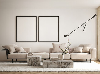 Mockup poster frame on the wall of living room. Luxurious apartment background with contemporary design. Modern interior design. 3D render, 3D illustration.