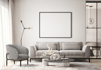 Mockup poster frame on the wall of living room. Luxurious apartment background with contemporary design. Modern interior design. 3D render, 3D illustration.