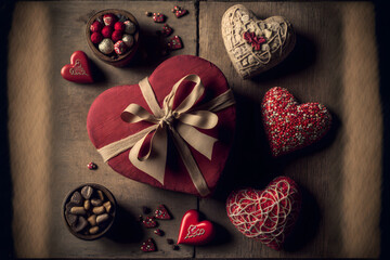 Fototapeta premium Valentine's Day. presents, heart felt and decor on wooden background made with Generative AI technology
