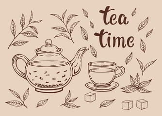 Tea set isolated on white background. Leaves, teapot and cup. Hand drawn vector illustration in outline style.